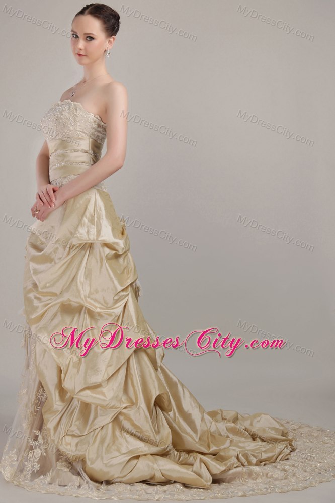 Champagne Strapless Court Train Taffeta and Lace Bridal Dress