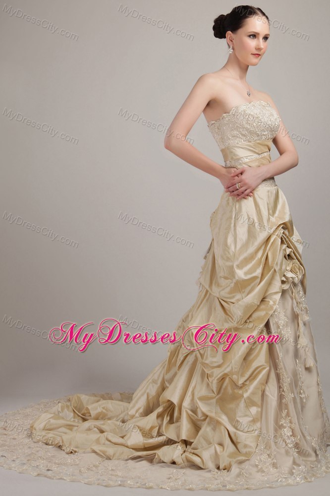 Champagne Strapless Court Train Taffeta and Lace Bridal Dress