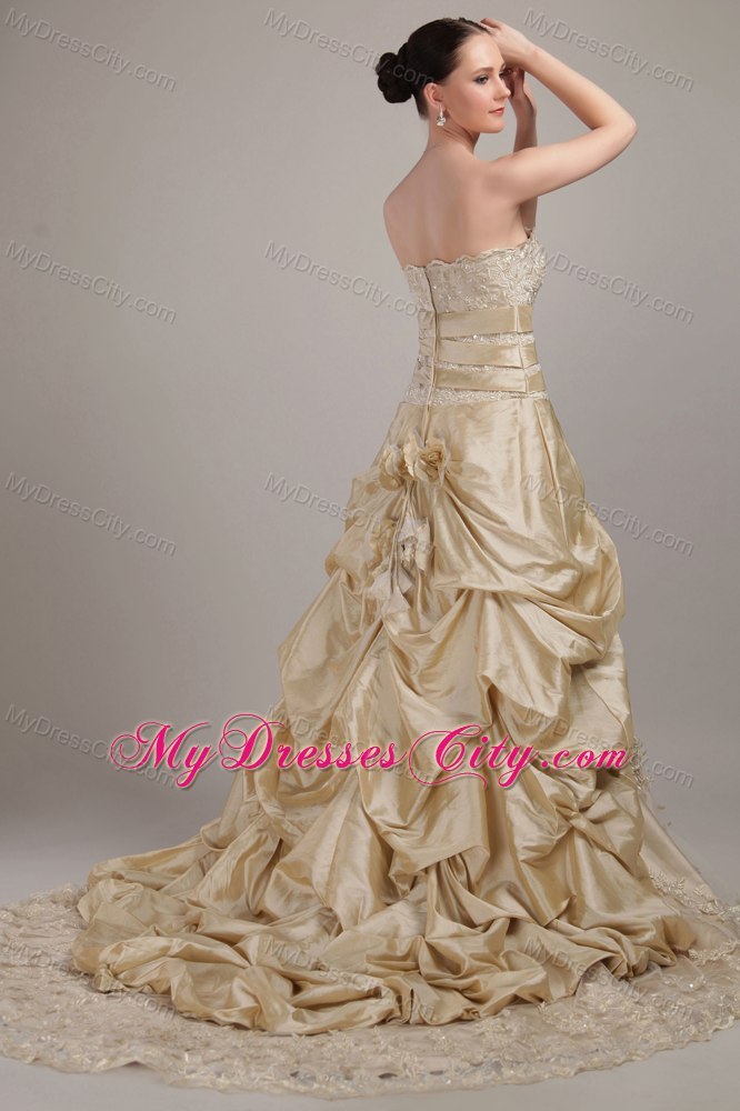 Champagne Strapless Court Train Taffeta and Lace Bridal Dress