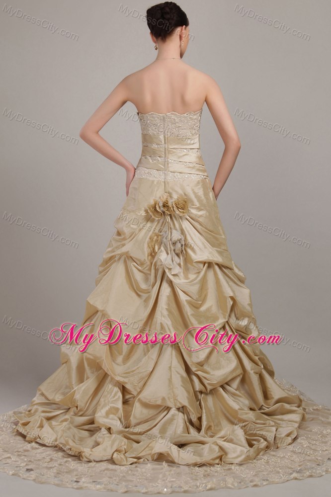 Champagne Strapless Court Train Taffeta and Lace Bridal Dress