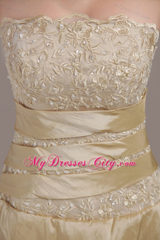 Champagne Strapless Court Train Taffeta and Lace Bridal Dress