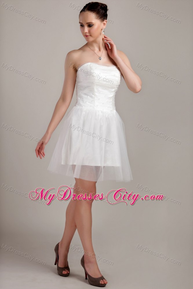 Strapless Short Tulle Beading and Ruching Beach Wedding Dress