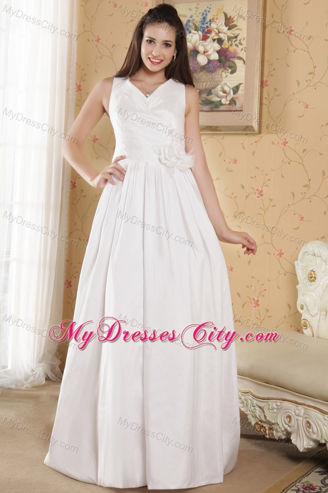 Column V-neck Floor-length Taffeta Bridal Dress with Flowers