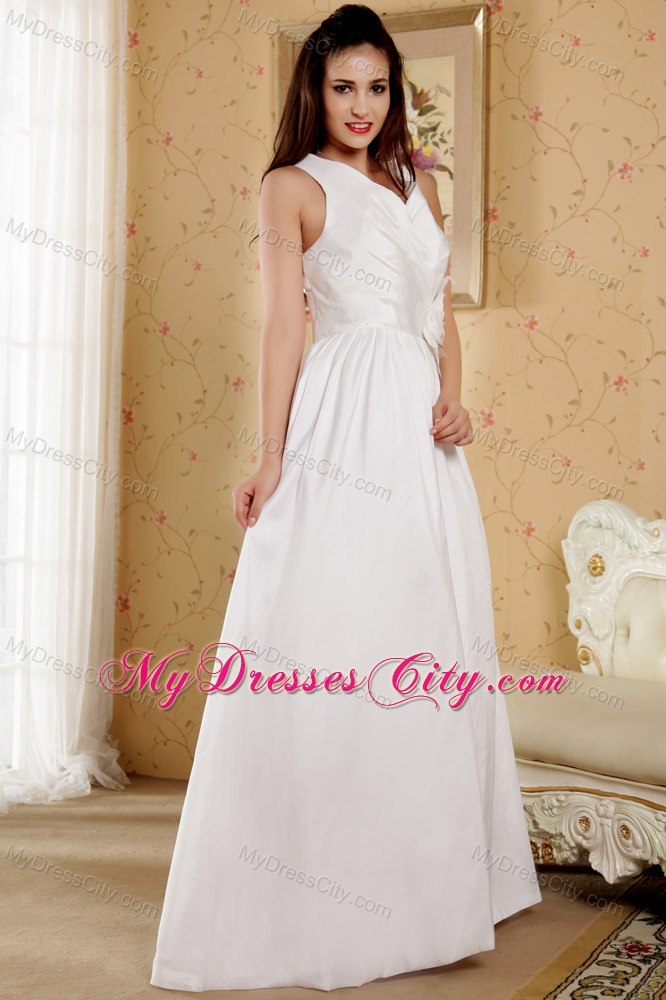 Column V-neck Floor-length Taffeta Bridal Dress with Flowers