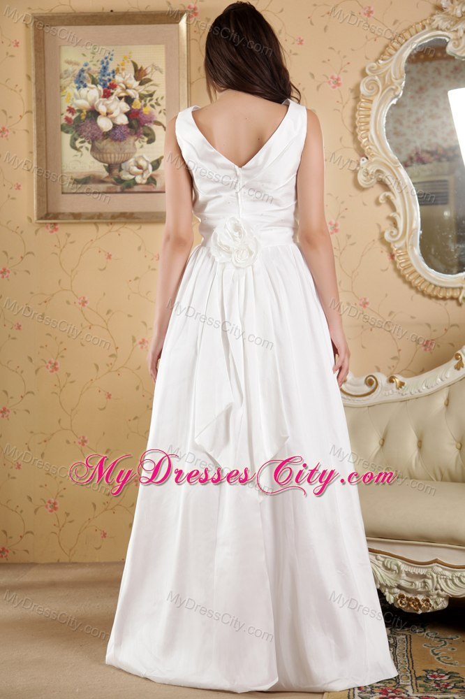 Column V-neck Floor-length Taffeta Bridal Dress with Flowers