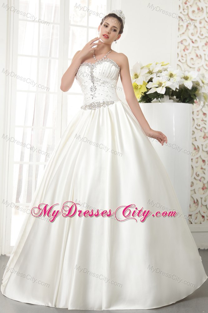 Jeweled Neckline Satin Floor-length Wedding Dress with Beading