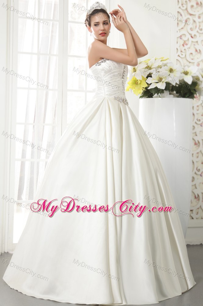 Jeweled Neckline Satin Floor-length Wedding Dress with Beading