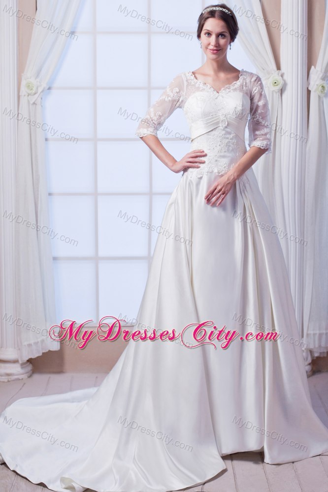 A-line V-neck Satin Appliques Wedding Dress with Half Sleeves