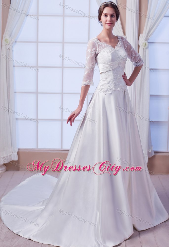 A-line V-neck Satin Appliques Wedding Dress with Half Sleeves