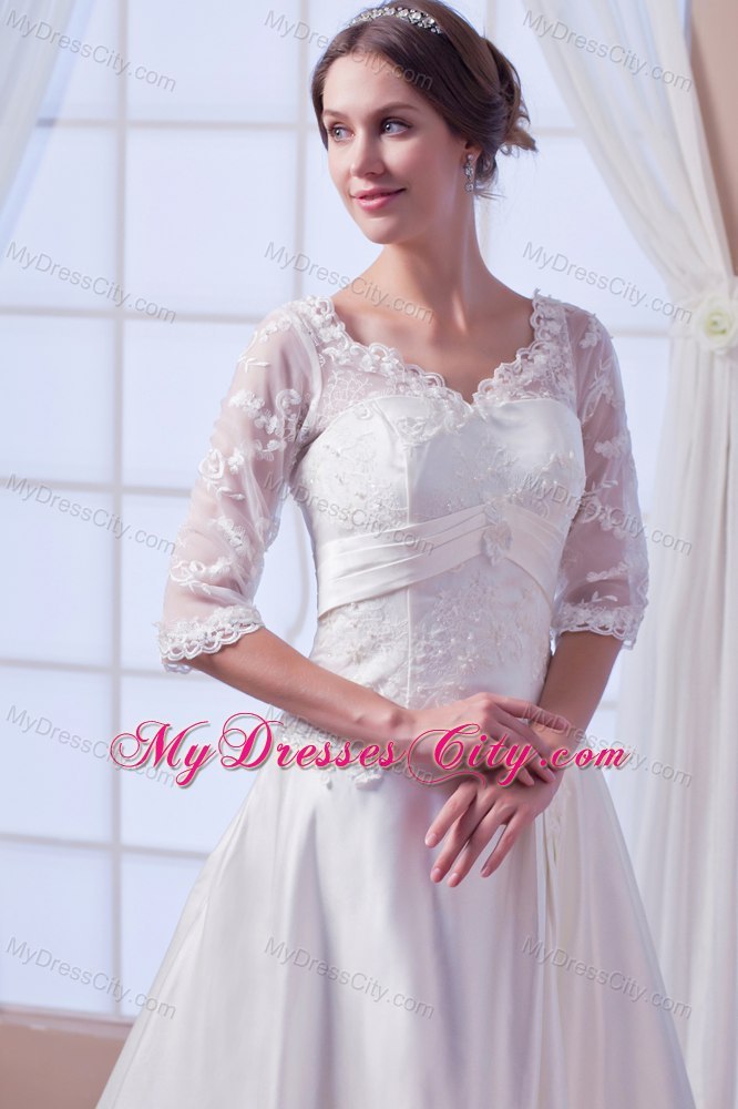 A-line V-neck Satin Appliques Wedding Dress with Half Sleeves