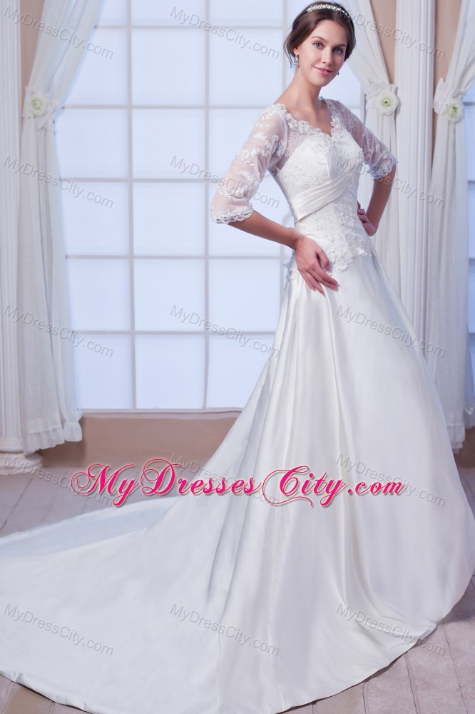 A-line V-neck Satin Appliques Wedding Dress with Half Sleeves