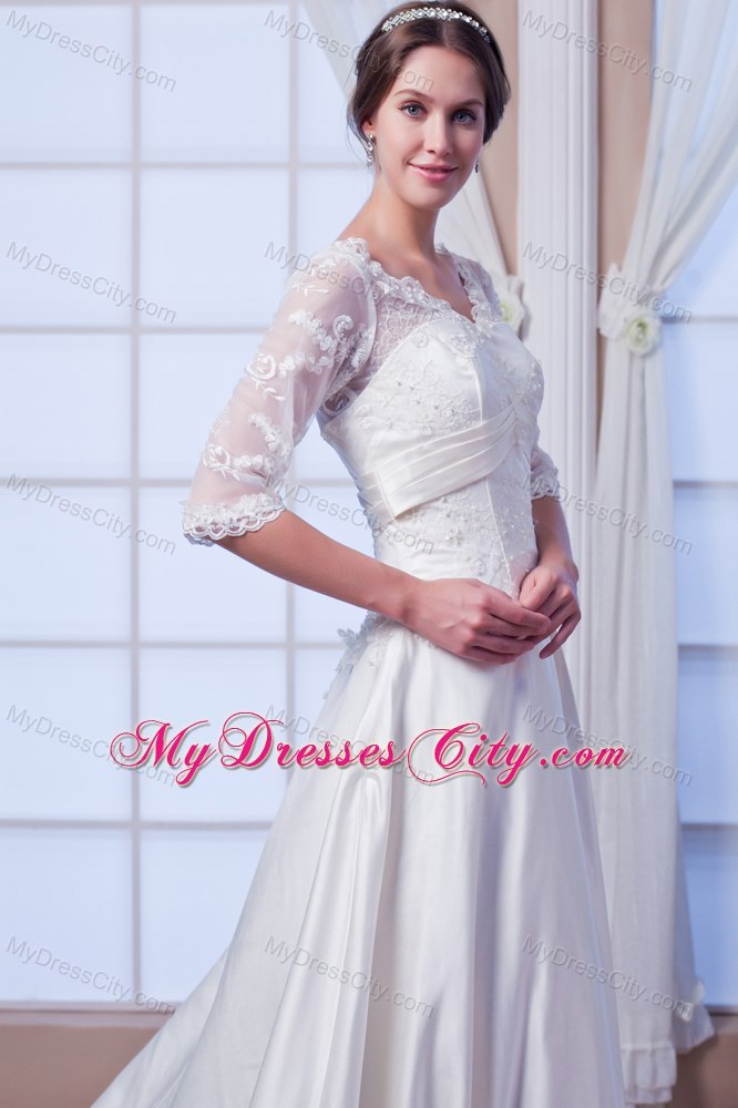 A-line V-neck Satin Appliques Wedding Dress with Half Sleeves