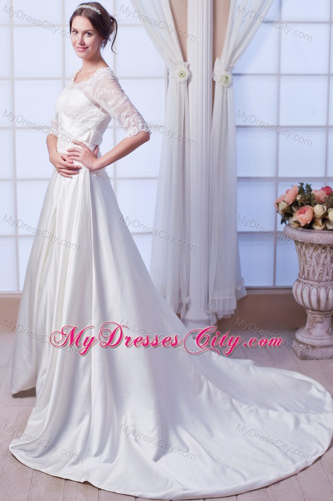 A-line V-neck Satin Appliques Wedding Dress with Half Sleeves