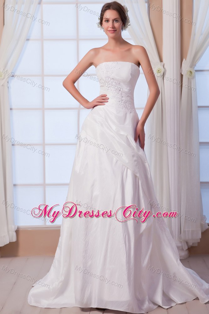 A-line Strapless Chiffon Appliques Wedding Dress with Court Train