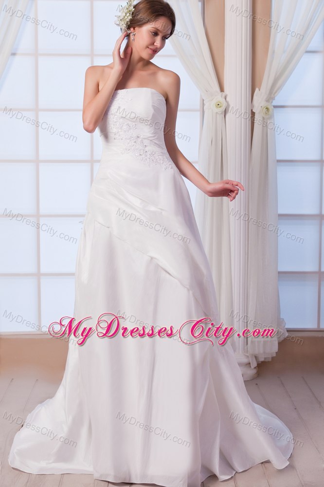 A-line Strapless Chiffon Appliques Wedding Dress with Court Train