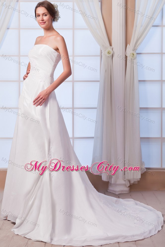 A-line Strapless Chiffon Appliques Wedding Dress with Court Train