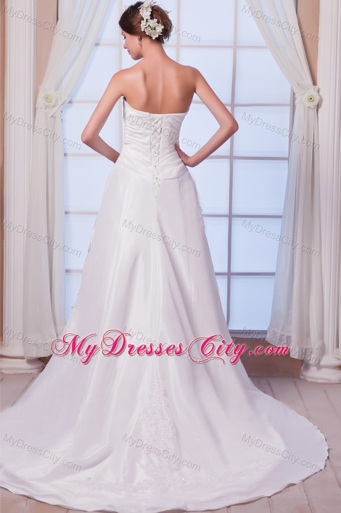 A-line Strapless Chiffon Appliques Wedding Dress with Court Train