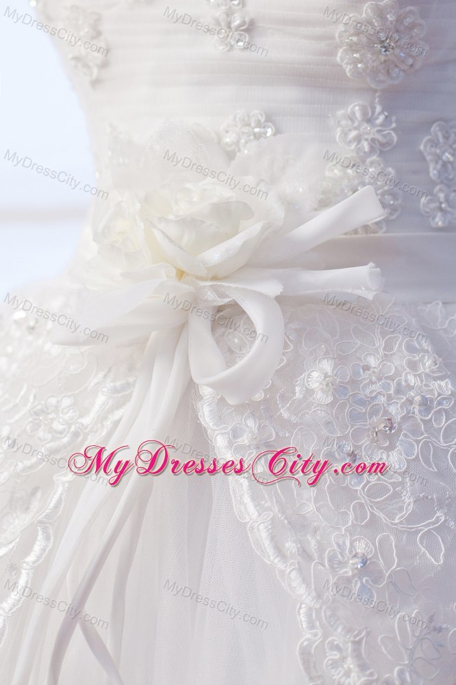 A-line Sweetheart Tulle Appliques and Flowers Wedding Dress