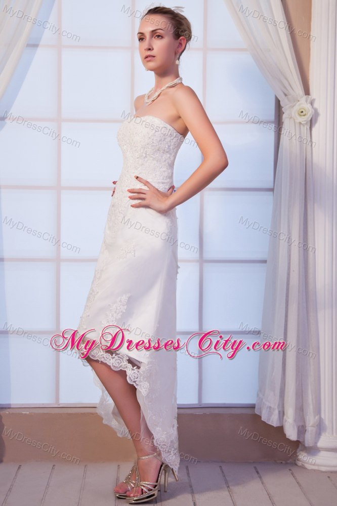 High-low Strapless Satin Wedding Dress with Add Stock Lace