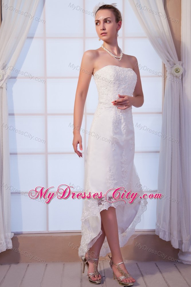 High-low Strapless Satin Wedding Dress with Add Stock Lace