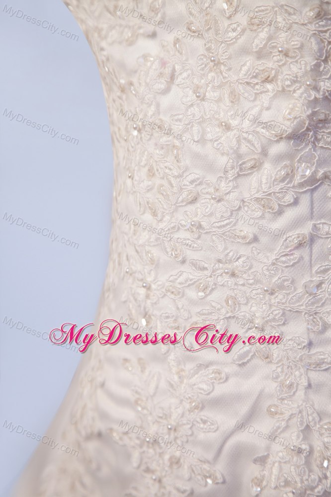 High-low Strapless Satin Wedding Dress with Add Stock Lace