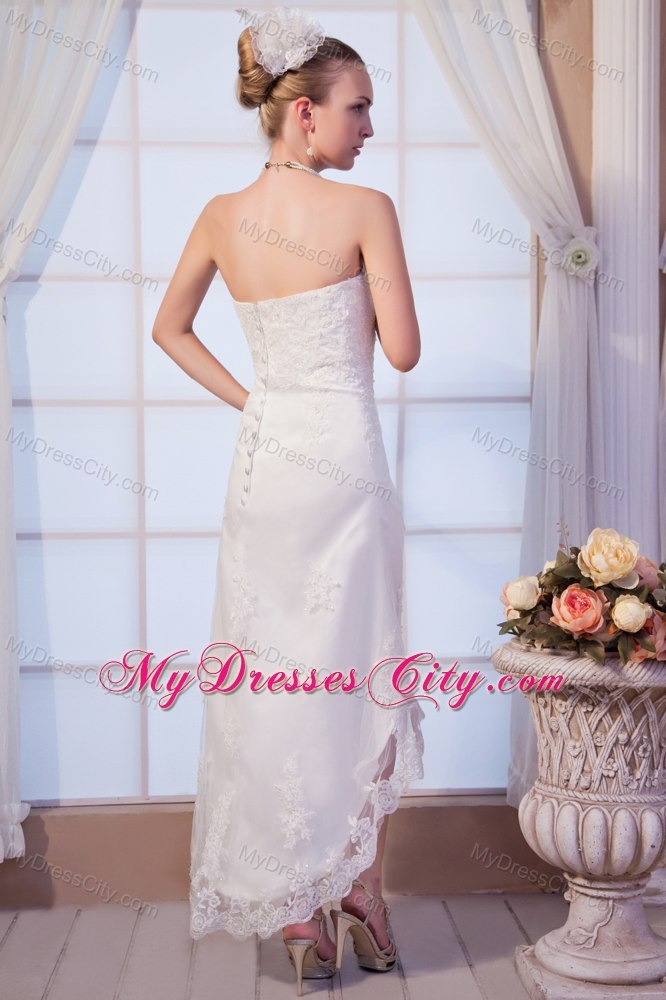 High-low Strapless Satin Wedding Dress with Add Stock Lace