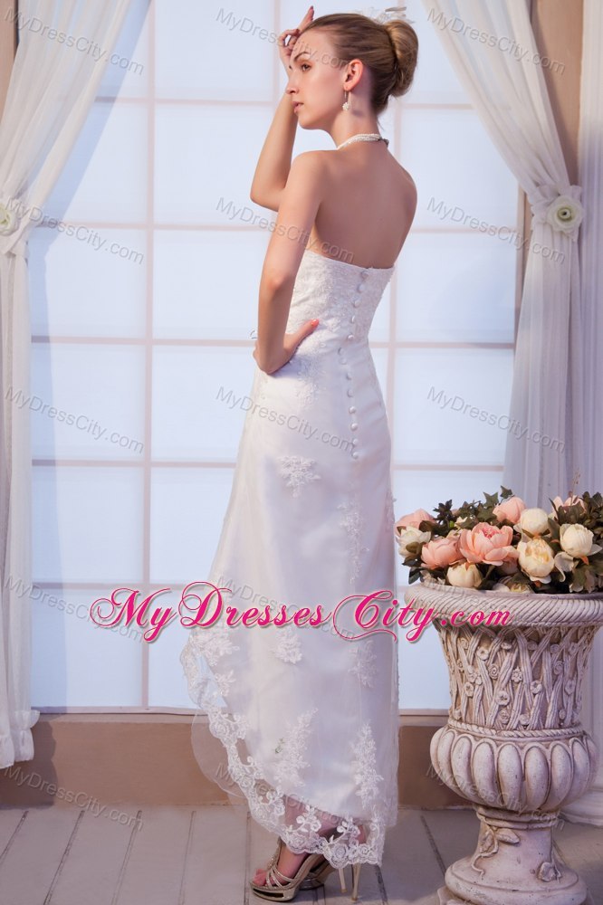 High-low Strapless Satin Wedding Dress with Add Stock Lace