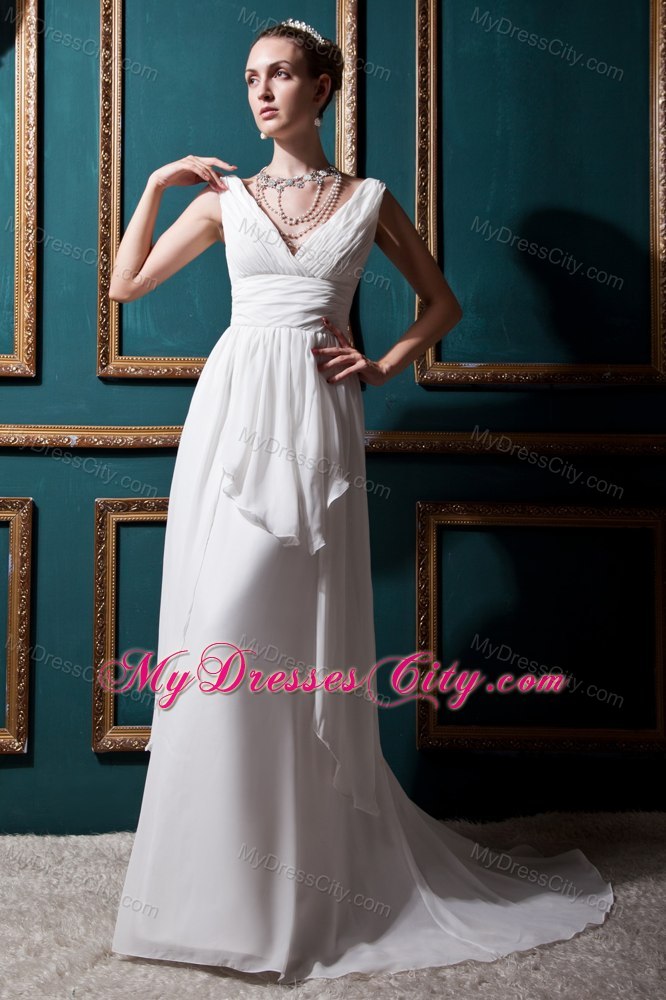 V-neck Empire Brush Train Chiffon Ruching Wedding Dress