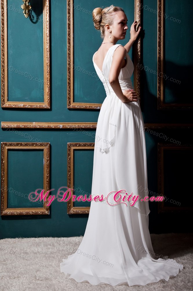 V-neck Empire Brush Train Chiffon Ruching Wedding Dress