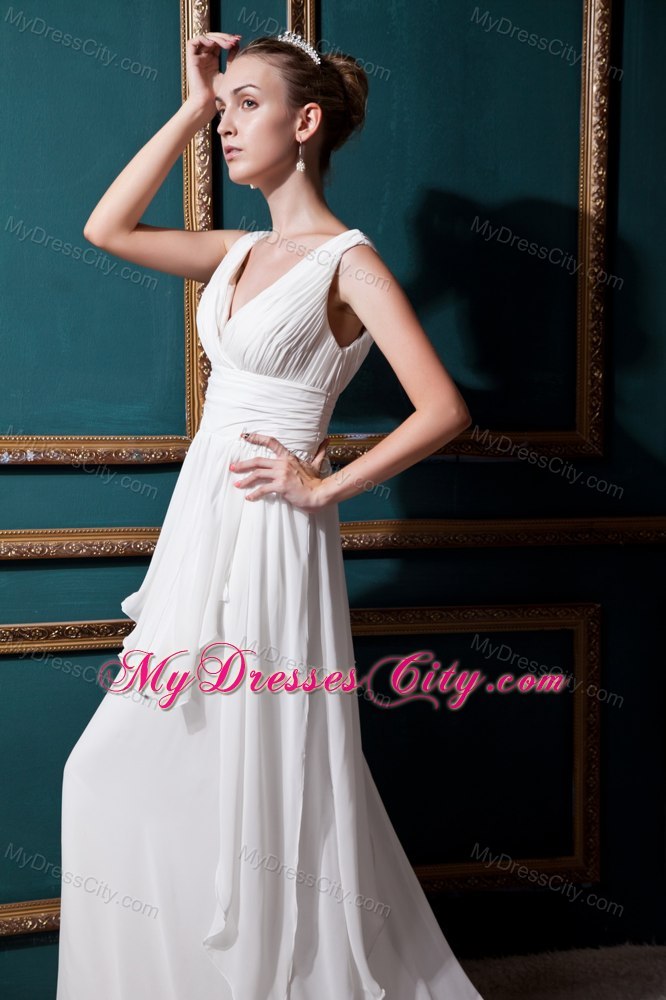 V-neck Empire Brush Train Chiffon Ruching Wedding Dress