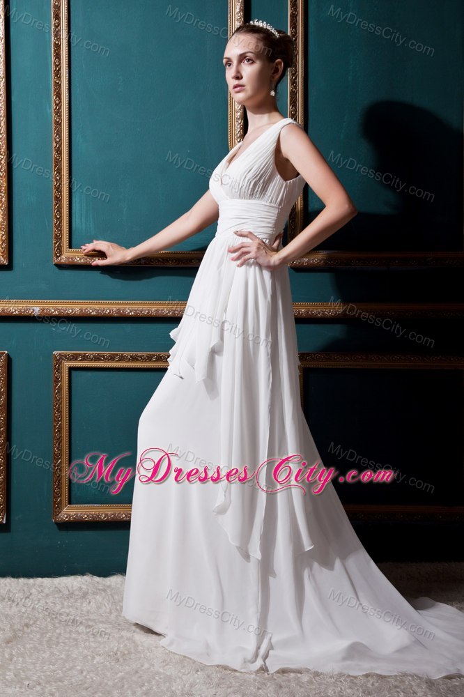 V-neck Empire Brush Train Chiffon Ruching Wedding Dress