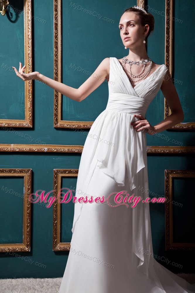 V-neck Empire Brush Train Chiffon Ruching Wedding Dress