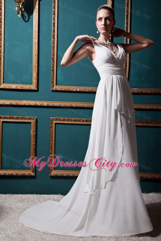 V-neck Empire Brush Train Chiffon Ruching Wedding Dress