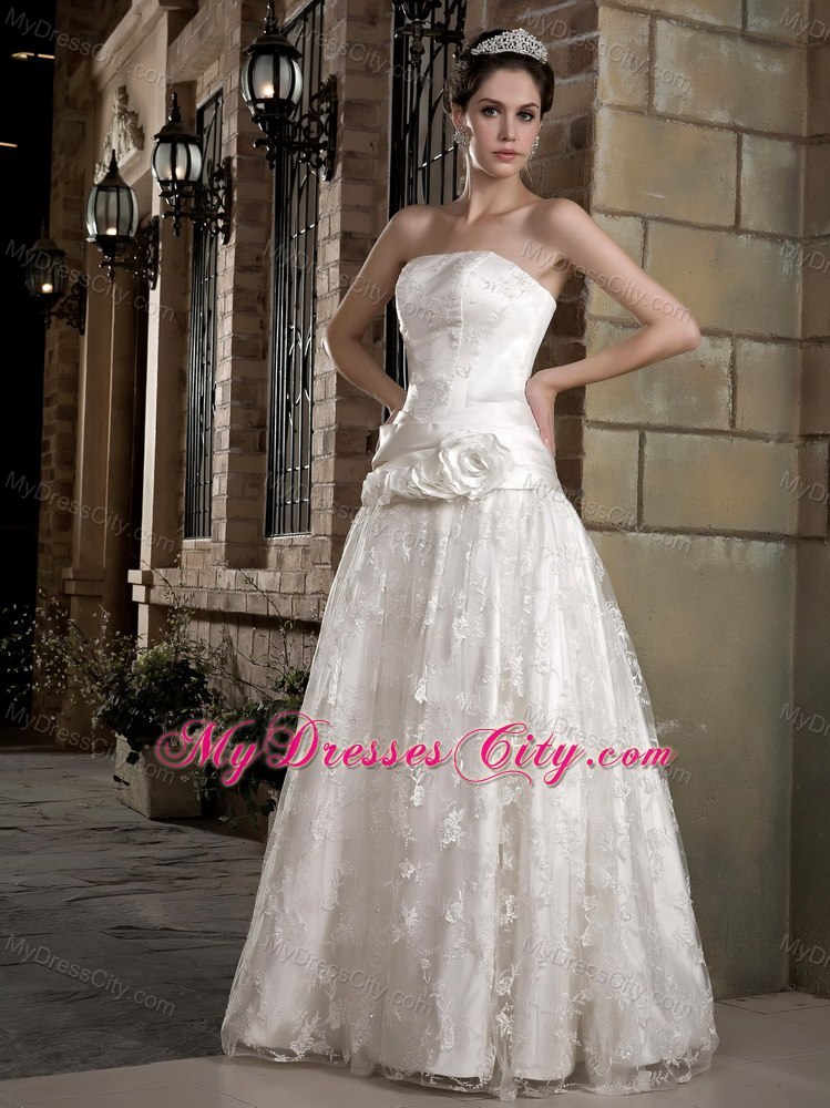 Latest Strapless Long Taffeta and Lace Bridal Dress with Flowers