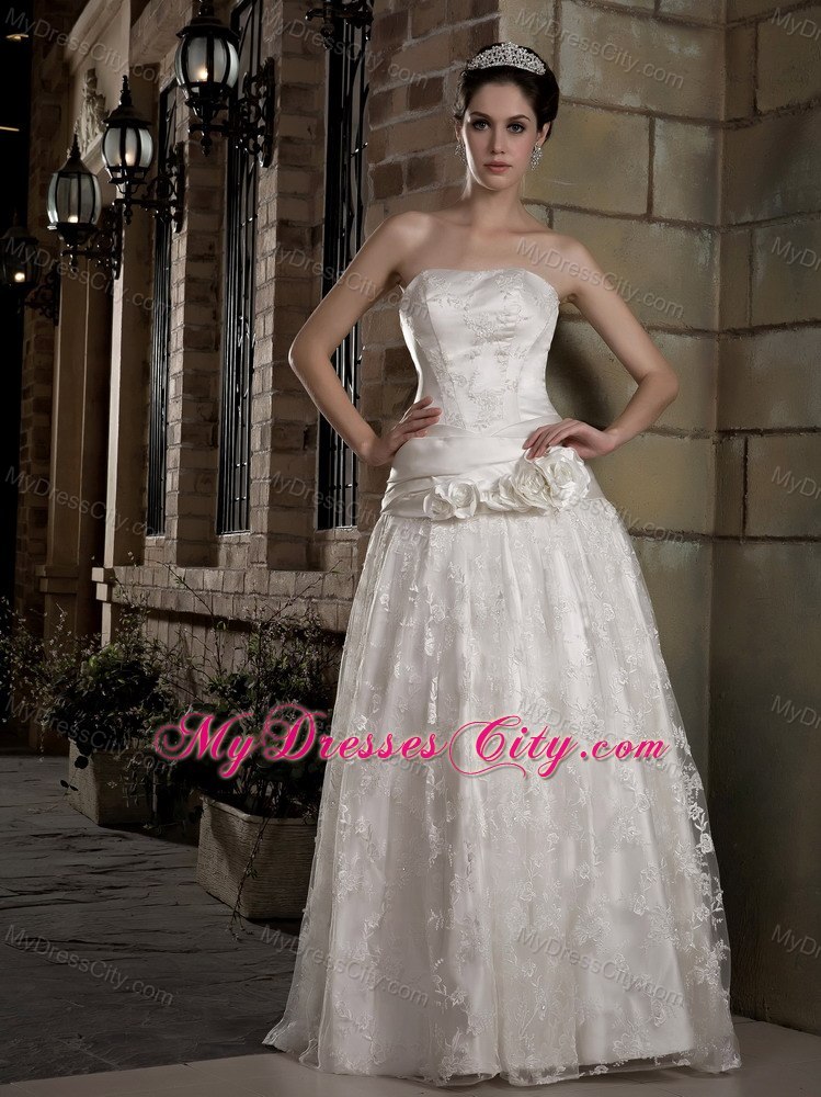 Latest Strapless Long Taffeta and Lace Bridal Dress with Flowers