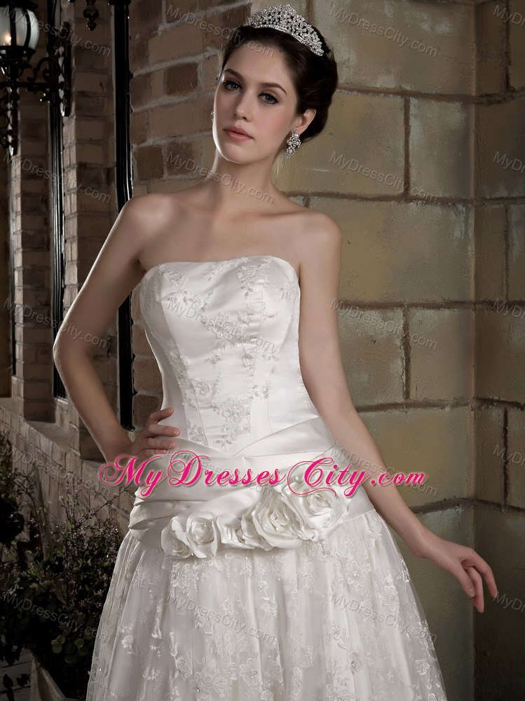 Latest Strapless Long Taffeta and Lace Bridal Dress with Flowers