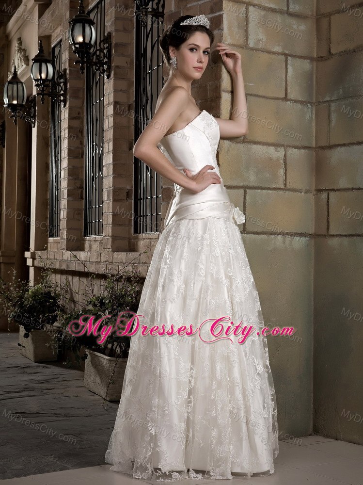 Latest Strapless Long Taffeta and Lace Bridal Dress with Flowers