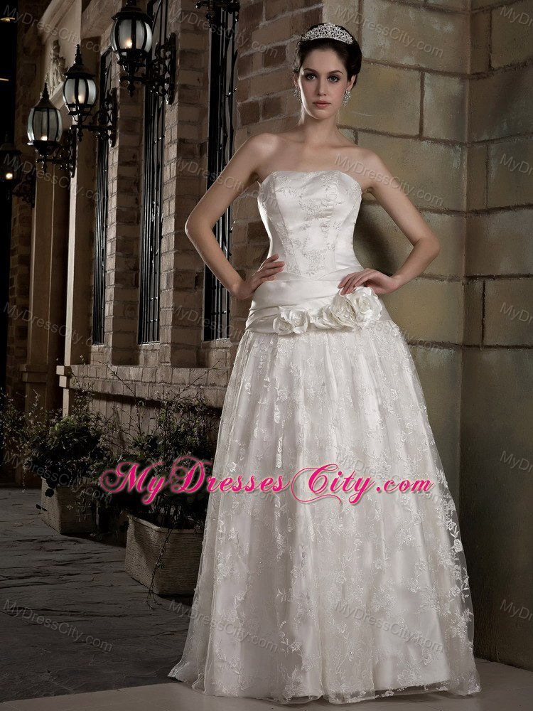 Latest Strapless Long Taffeta and Lace Bridal Dress with Flowers