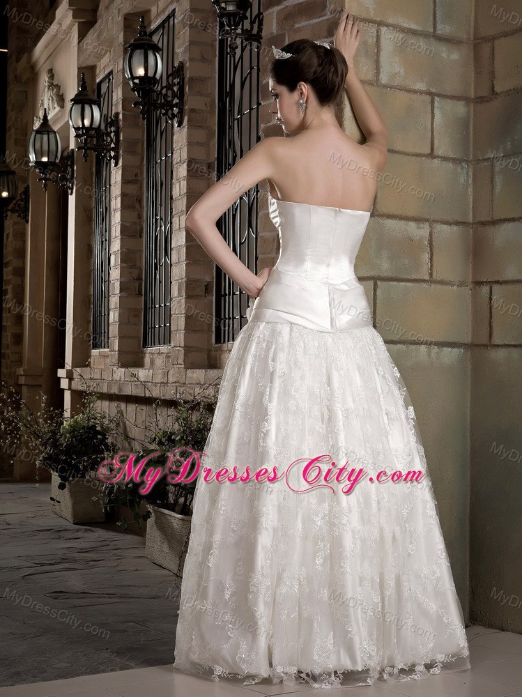 Latest Strapless Long Taffeta and Lace Bridal Dress with Flowers