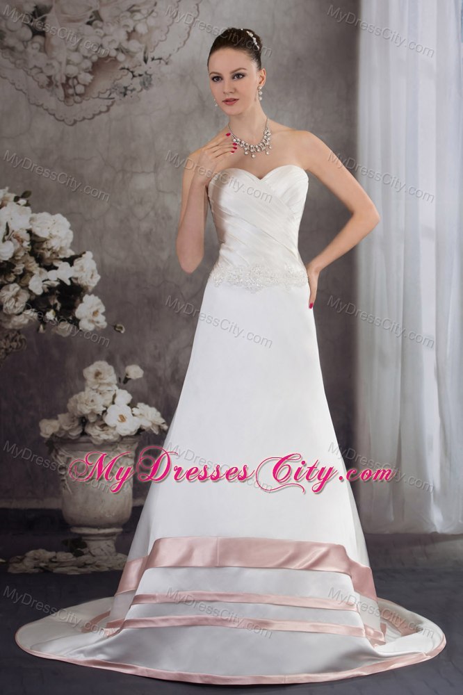 Sweetheart Satin Appliques A-line Wedding Dress with Blush Hem