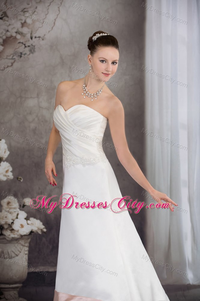 Sweetheart Satin Appliques A-line Wedding Dress with Blush Hem