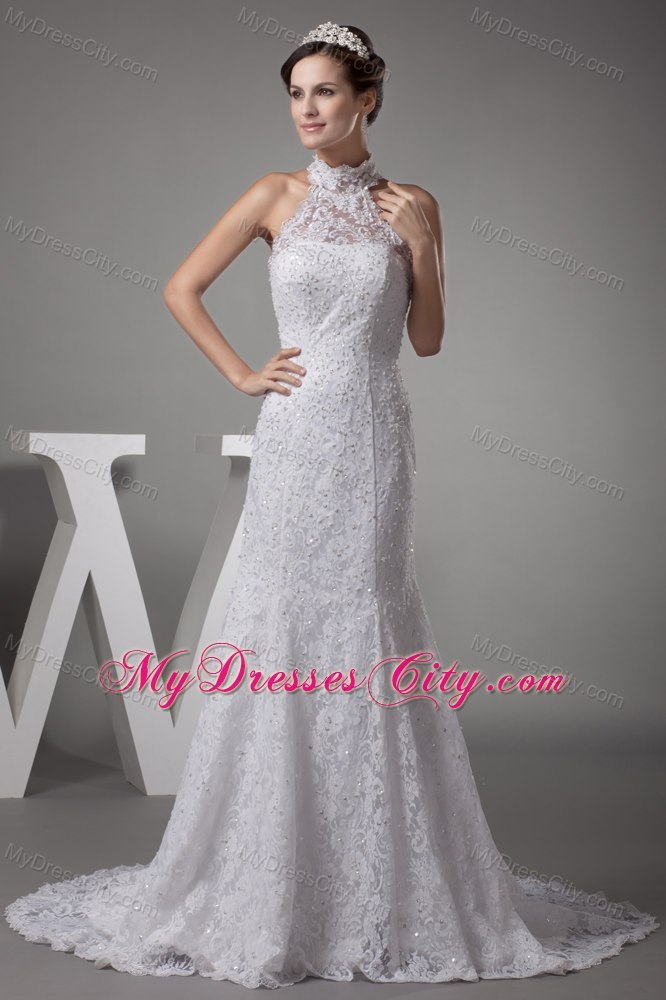 Halter Top Mermaid Lace with Beading Court Train Wedding Dress