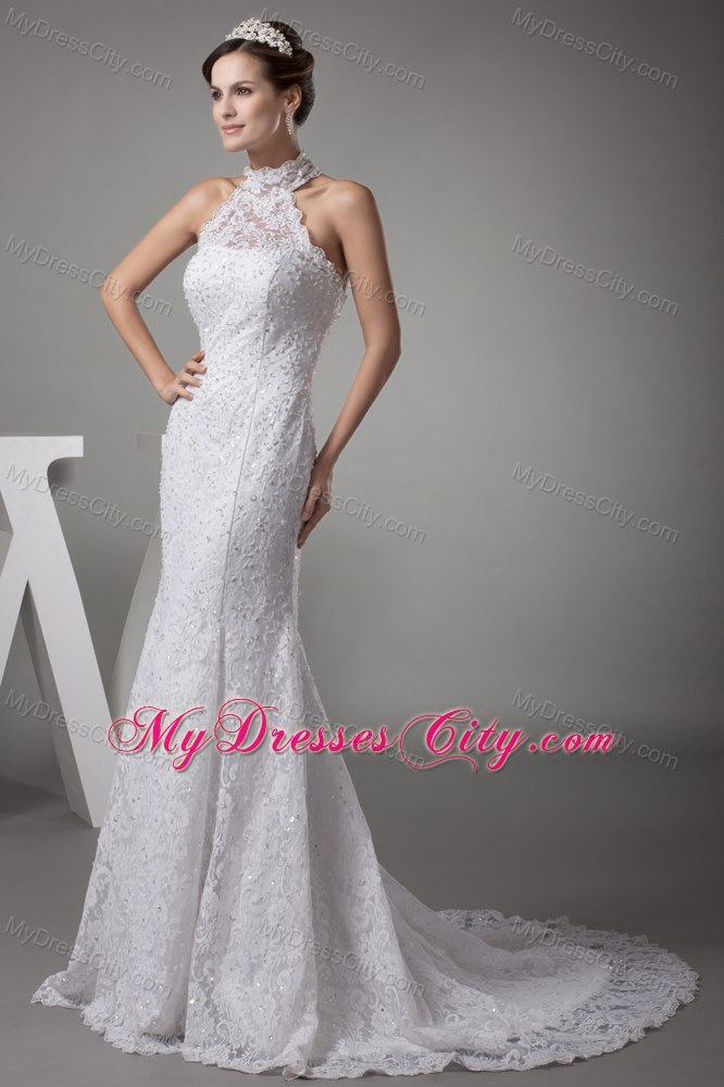 Halter Top Mermaid Lace With Beading Court Train Wedding Dress MyDressCity