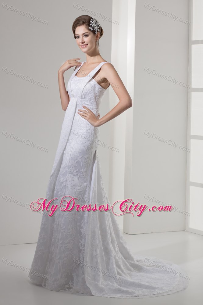 Modern Square Neck Lace Court Train Wedding Anniversary Dress