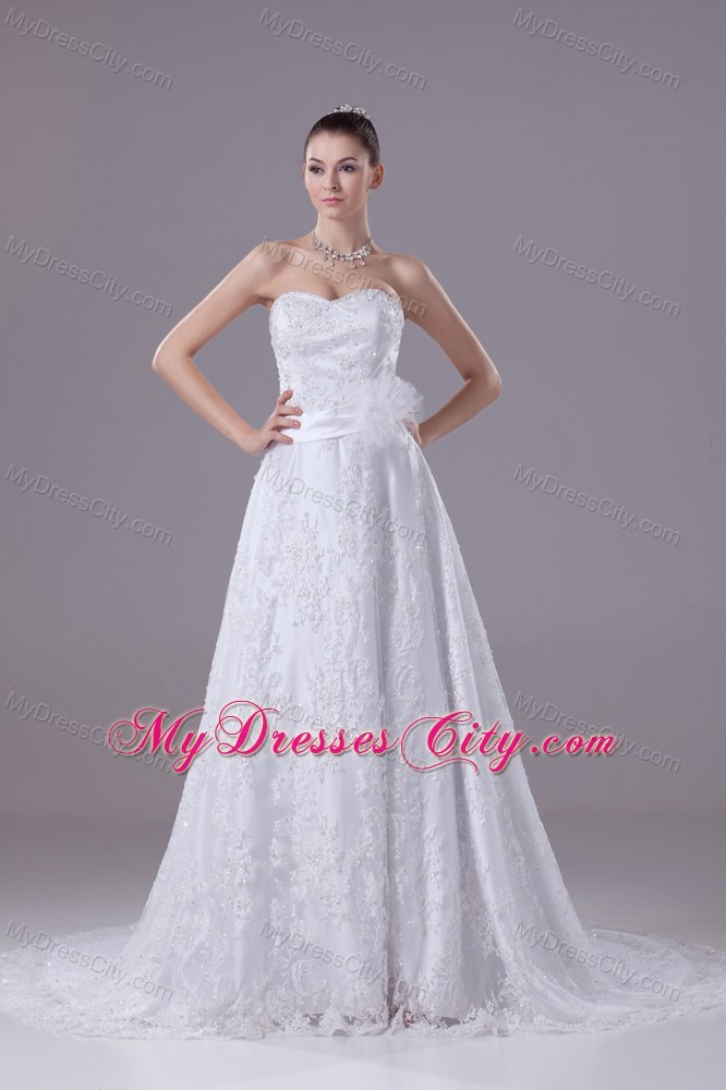 Sweetheart Court Train Lace with Sequins Wedding Dress with Sash