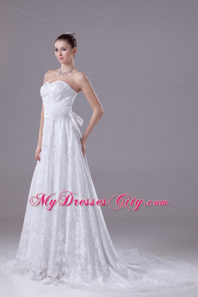 Sweetheart Court Train Lace with Sequins Wedding Dress with Sash