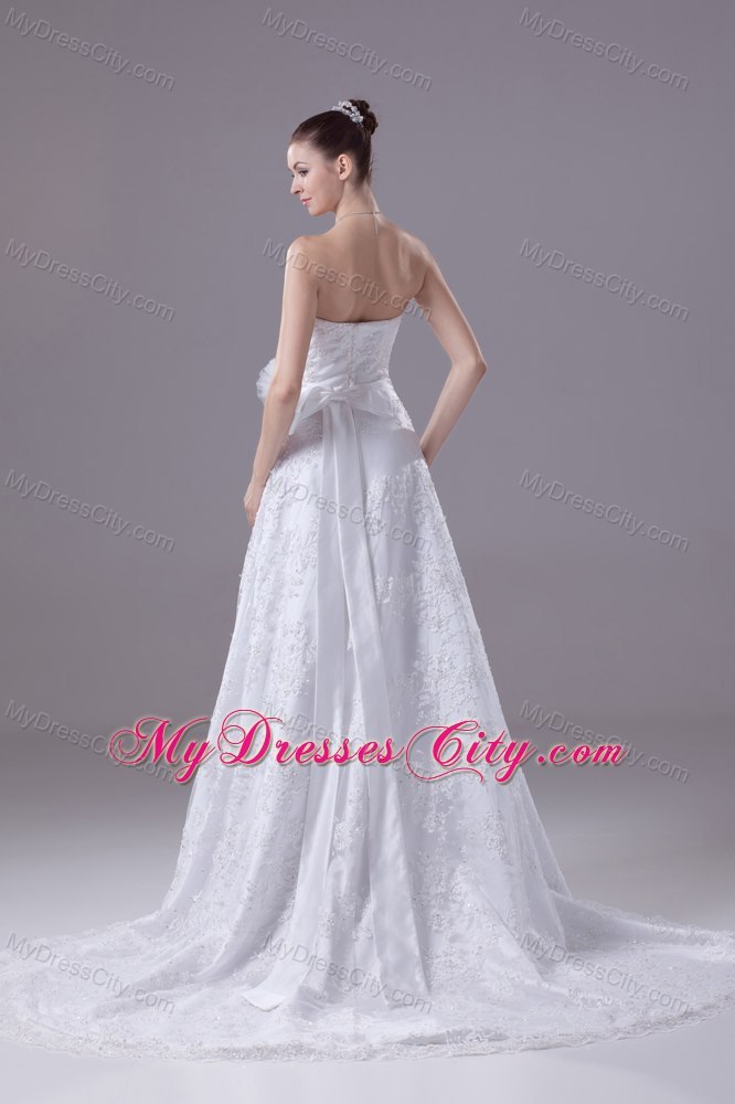 Sweetheart Court Train Lace with Sequins Wedding Dress with Sash