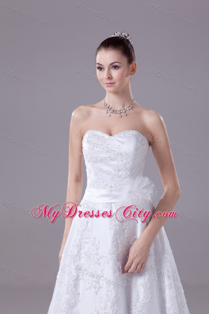 Sweetheart Court Train Lace with Sequins Wedding Dress with Sash