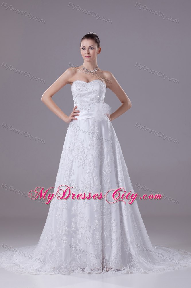 Sweetheart Court Train Lace with Sequins Wedding Dress with Sash