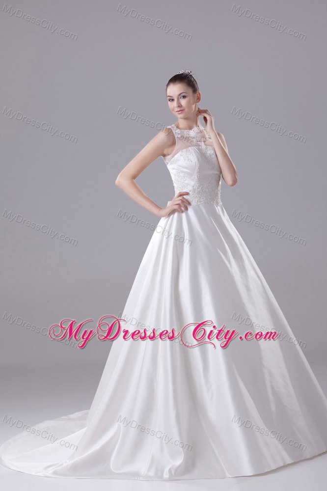 Sheer Bateau Neck Satin Princess Appliques Wedding Gowns